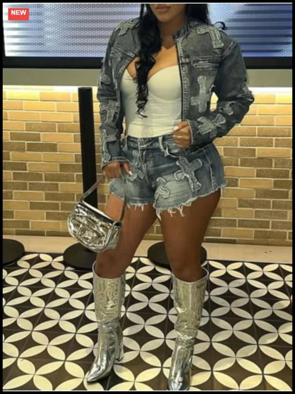 2 Piece Denim Outfits Zipper Cropped Jacket Skinny Jean Shorts Set